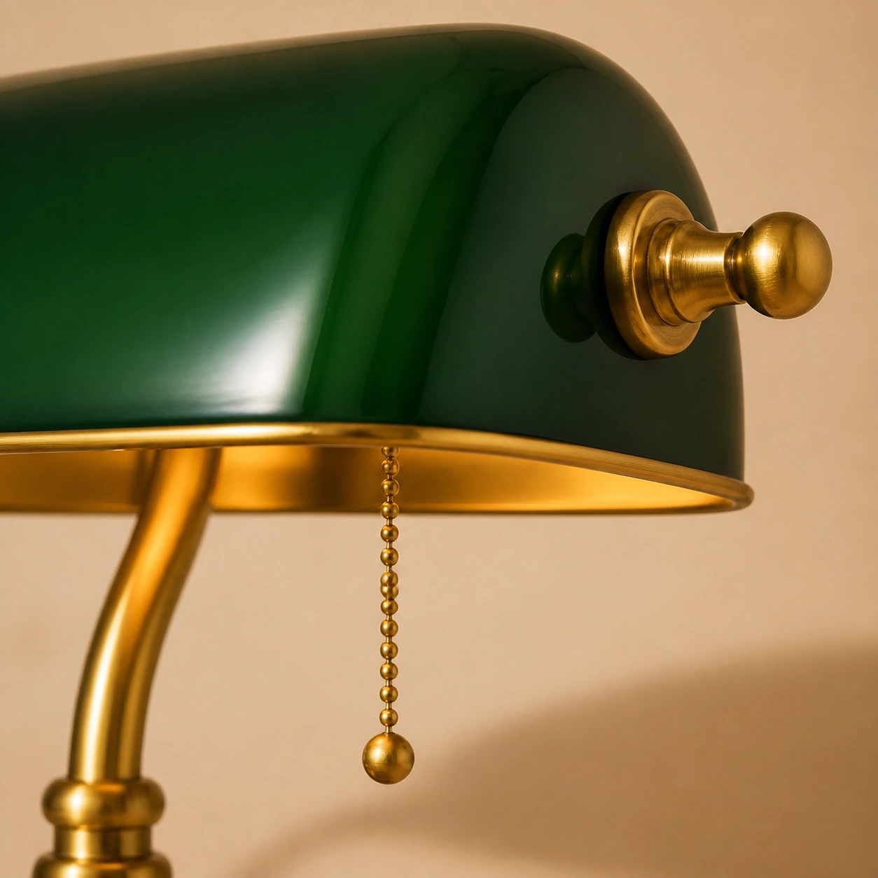Détail de laiton et de verre vert sur une lampe Dôme Paris